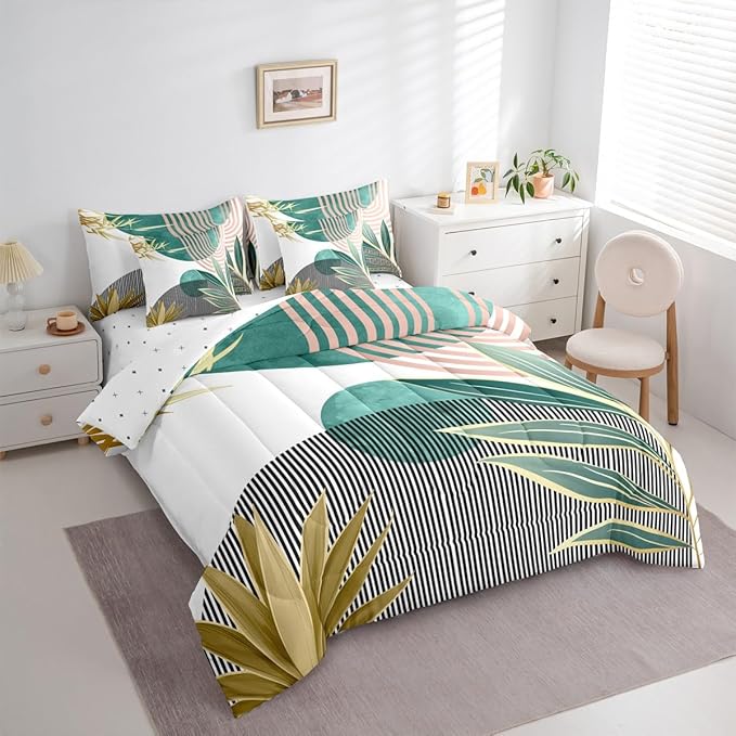 Erosebridal Mid Century Modern Bedding Sets King Bohemian 7 Piece Comforter Set for Kids,Boho Tropical Modern Bed in a Bag Abstract Sun Minimalist Simple Sheet Set with Comforter,Green Pink