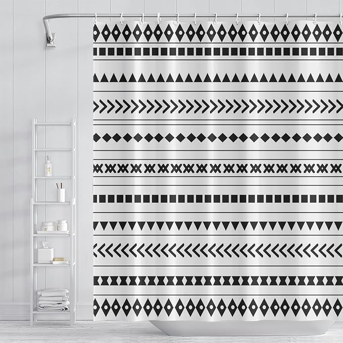 Black and White Fabric Bathroom Shower Curtain Boho Abstract Geometric Pattern Waterproof Polyester Shower Curtains for Modern Minimalist Artistic Aesthetic Home Decorative, 60x72 Inch