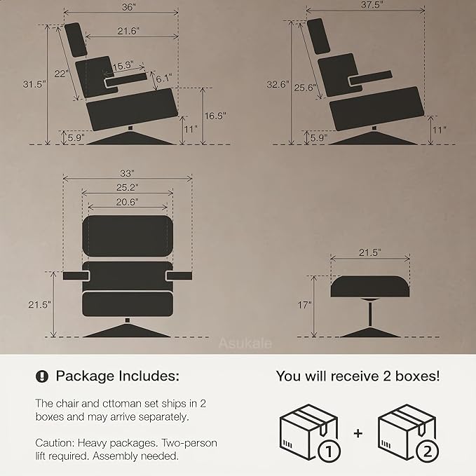 Top Grain Leather, Mid Century Chaise Lounge Chair and Ottoman, Reading Chair, Accent Chair, Modern Classic Chair, Heavy Duty Base Support for Living Room Lounge Office, Walnut-Brown, Heightening