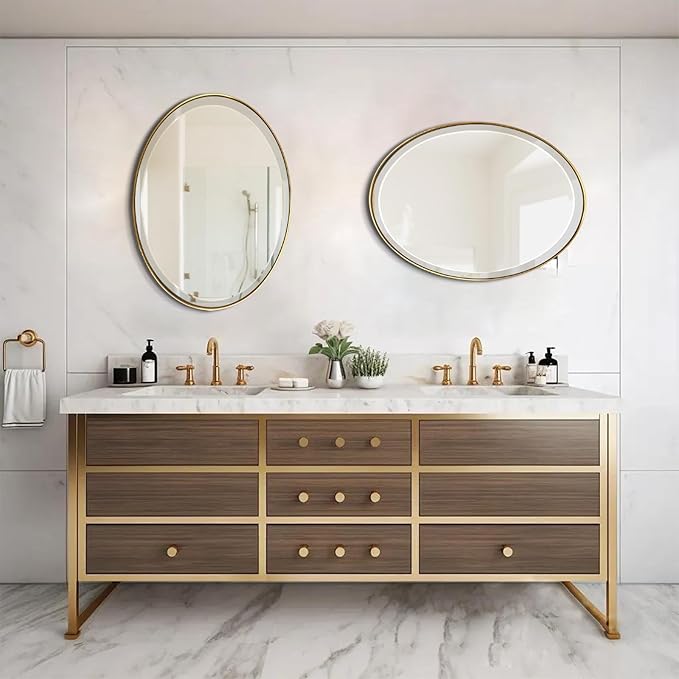 POZINO Brush Oval Vanity Mirror, 20"x28" Gold Mirror for Over Sink, Modern Rounded Mirrors with Stainless Steel Frame, Brass Beveled Mirrors for Bathroom Bedroom Living Room, Horizontal Or Vertical