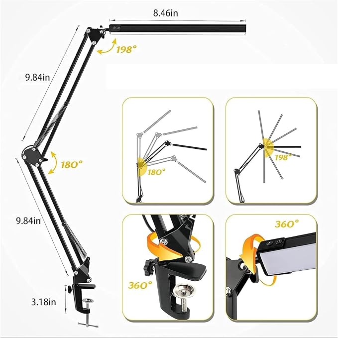 Desk Lamp,Adjustable Metal Swing Arm Desk Lamp withClamp,EyeCaring Architect Desk Light,3 Color Modes with Memory Function