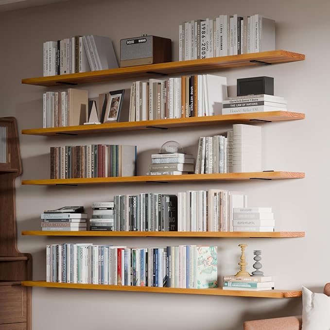 5 Tier Book Shelf,72 inch Long Floating Shelf for Wall,Wall Mounted Bookshelf Display Shelves,Solid Wood Large Bookcase