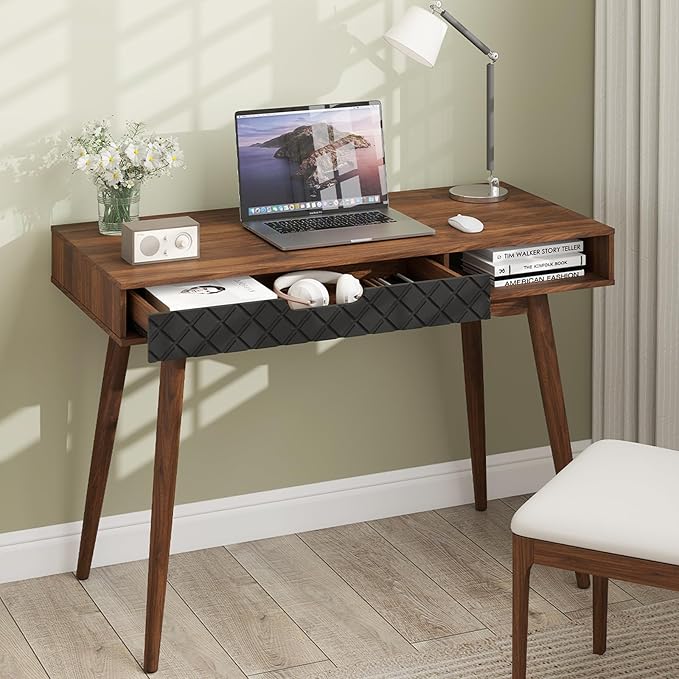 Tangkula Mid Century Modern Desk, Home Office Standing Desk w/Drawer & Open Compartment, Computer Desk Work Study Table, Vintage Writing Desk Wooden Workbench for Bedroom/Living Room