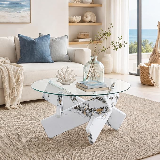 Round Glass Top Coffee Tables for Living Room, 33.4 Inch White Center Table, Mid Century Circle Cocktail Table with Marble-Looking Crossed Legs