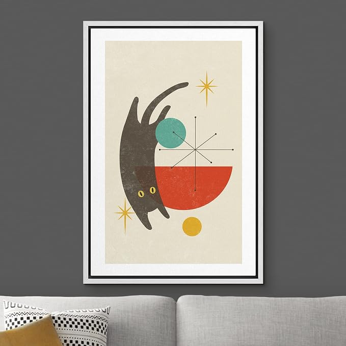 Woodrose Framed Canvas Print Wall Art Geometric Symbol Cartoon Black Cat Animals Shapes Illustrations Modern Minimalist Chic Relax/Calm Multicolor for Living Room, Bedroom, Office - 16"x24" White