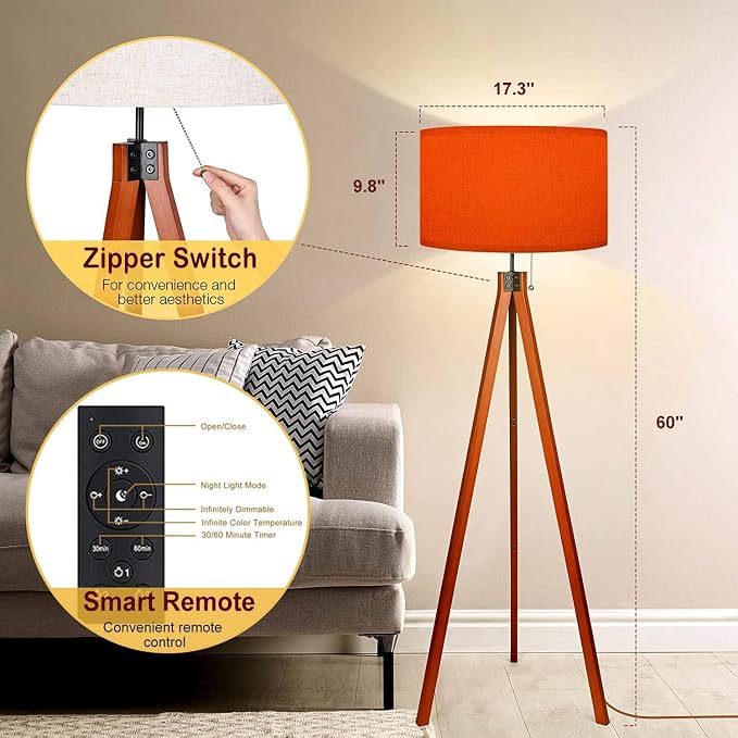Wood Tripod Floor Lamp Orange Color for a Warm Colorful Modern Standing Lamp Linen Lampshade Dimmable Tall Lamp Mid Century Floor Lamp for Living Room Bedroom
