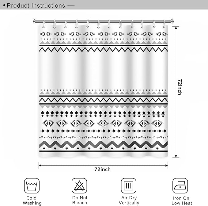 Abstract Pattern Bathroom Shower Curtain White Black Stripes Wave Waterproof Polyester Shower Curtains with Hooks Geometric Shower Curtain for Modern Home Decorative, 72x72 Inch