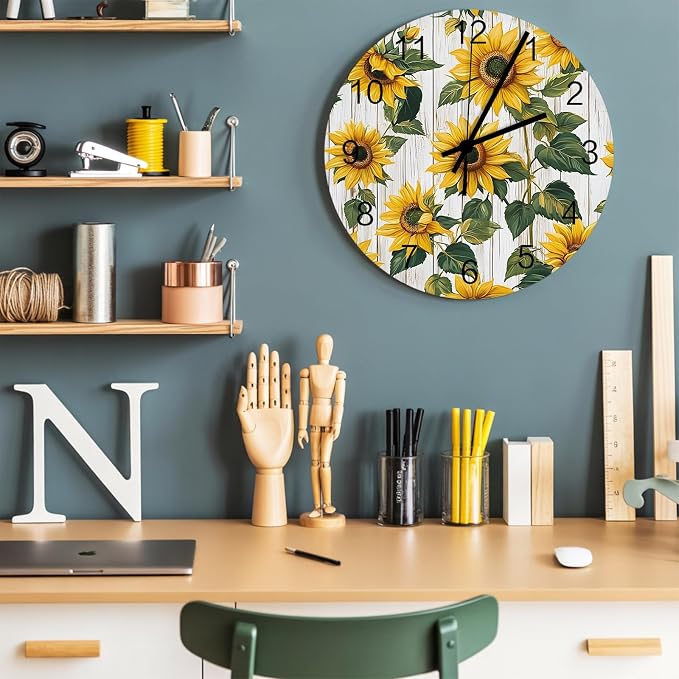 Sunflower Wall Clock Battery Operated Non-Ticking 12" Round Wood Clocks, Vintage Style Yellow Floral Grey Wood Grain Kitchen Wall Clock for School Bathroom Living Room Home Office Wall Decor