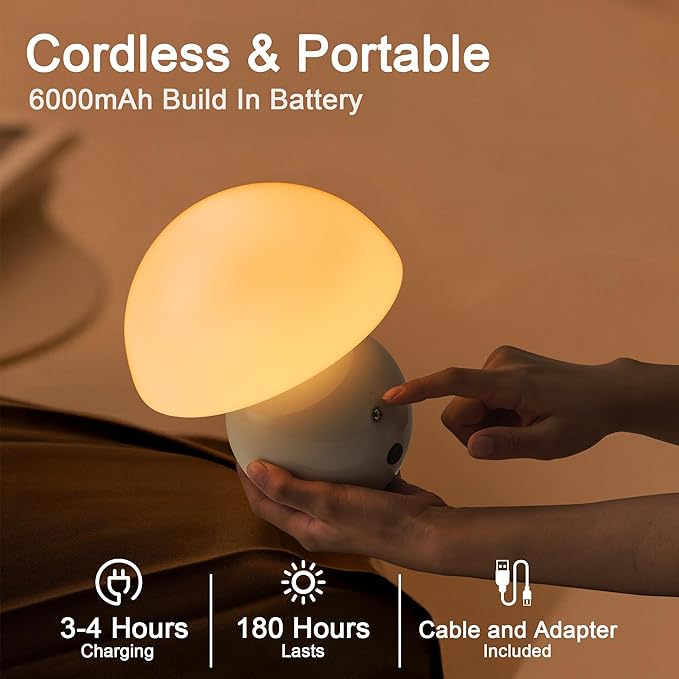 Cordless Cute Mushroom Lamp with Remote Control, Cordless Lamps for Tables, 9 RGB, 3 Color Temperature, Stepless Dimmable, Timer, Memory, Unique Aesthetic Home Decor for Living Room (White)