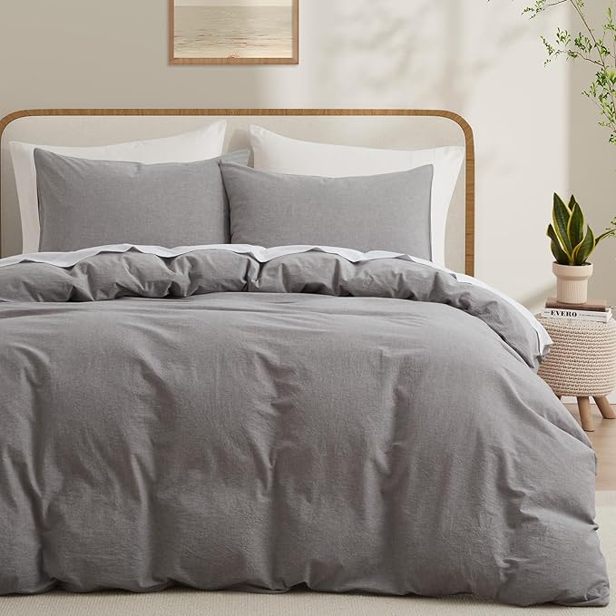 LOVQUE Light Grey Cotton Duvet Cover Queen Size, Linen Like Natural Bedding Set with Zipper Closure (No Comforter), 90x90 Inches