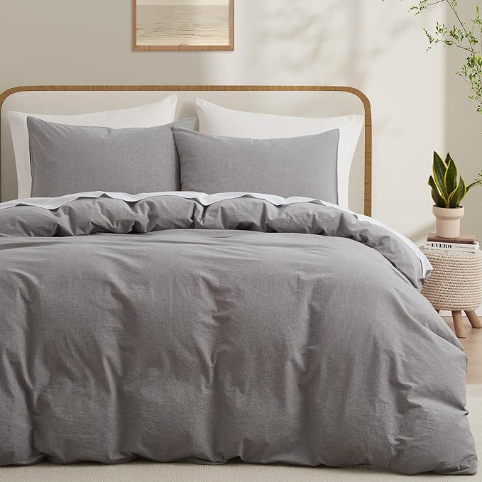LOVQUE Light Grey Duvet Cover Full Size, 100% Washed Cotton Linen Like Bedding Set with Zipper Closure (No Comforter), 80x90 Inches