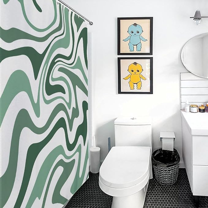 Hippie Shower Curtain, 70s Retro Colorful Green Pastel Wave Hippie Abstract Swirl Aesthetic Boho Funky Trippy Waterproof Fabric Bath Shower Curtain Set with Hooks, 72"x84" Inch