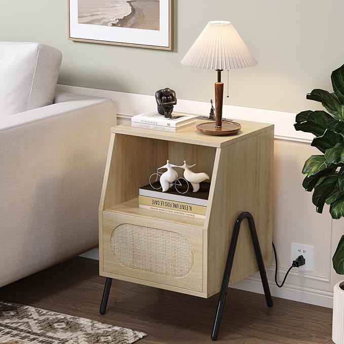 VINGLI Rattan Nightstand with Charging Station, Boho Nightstand Bedroom, Wood End Table with Drawers, Small Night Stand, Real Rattan Bed Side Table, 17.56" W x 15.75" D x 23.46" H