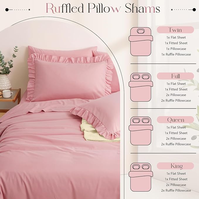 Horbaunal Dusty Pink Ruffle Sheets Queen Size 6 Piece, Fits 16" Deep Mattress, Microfiber Pink Queen Sheets with 2 Ruffled Pillowcases, Shabby Chic Bed Sheet Set