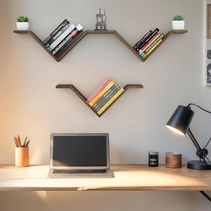 Book Shelf for Wall Set of 2, Modern Hanging Bookshelf Wall Mounted Desktop Book Shelves, Walnut Organizer for Bedroom Livingroom Office