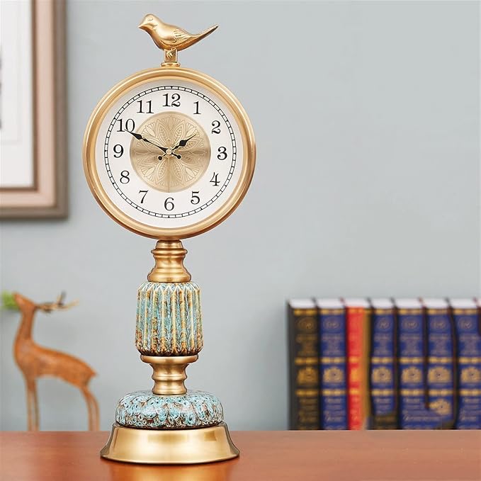 Desk Clock European Style Retro Decorative Clock Table Top Vertical Clock Ornaments Light Luxury Creative Ceramic Clock Body Suitable Home Bedroom Decor (Color : Brass)