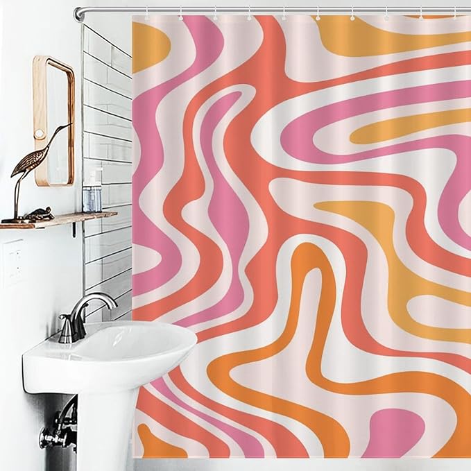 Hippie Shower Curtain for Bathroom, 70s Retro Colorful Orange Pink Wave Hippie Abstract Swirl Aesthetic Boho Funky Trippy Bright Waterproof Fabric Bath Shower Curtain Set with Hooks, 72"x84" Inch