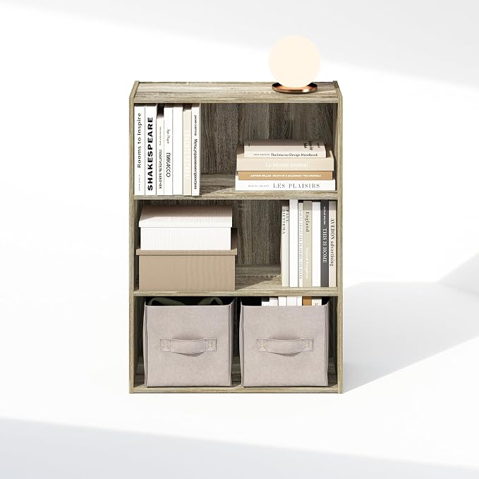 Furinno Simple Book Shelf, 3-Tier Bookshelf, Storage Shelves Bookcase, 9.7 x 23.7 x 31.5, for Living Room, Bedroom, Home Office, Sonoma Oak