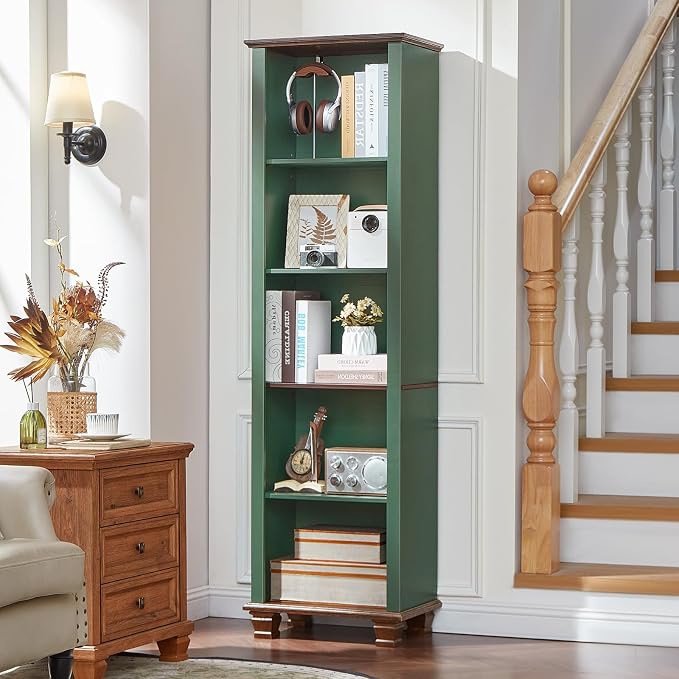 SAVOR LIFE Narrow Green Book Shelf, 70" Tall Skinny Bookshelf with Adjustable Shelves & Wooden Legs, Farmhouse Wood Bookcase w/5-Tier Open Storage, Free Standing Book Case for Office,Living Room,3PCS