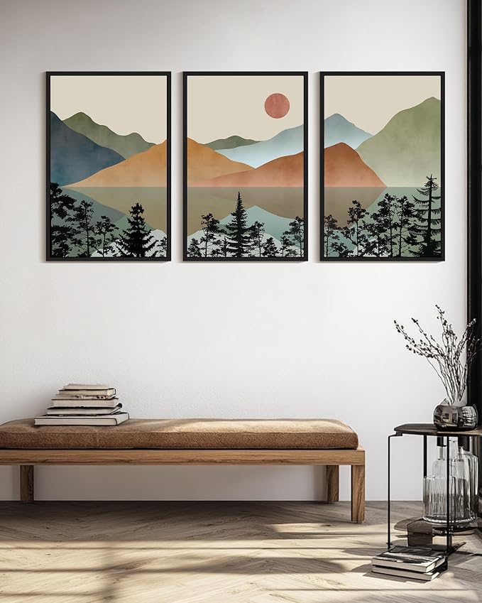 KUVIOKE Watercolor Mountain Framed Wall Art Nature Laker Landscape Painting Sun Rises Boho Farmhouse Rustic Room Decor 24x36in (Black Framed)