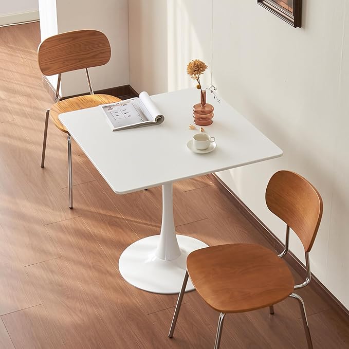 Square Dining Tulip Table for 4, Mid-Century Modern Table with Sturdy Metal Pedestal for Kitchen, Bistro, Cafe, Leisure (White, 31.5 INCH)
