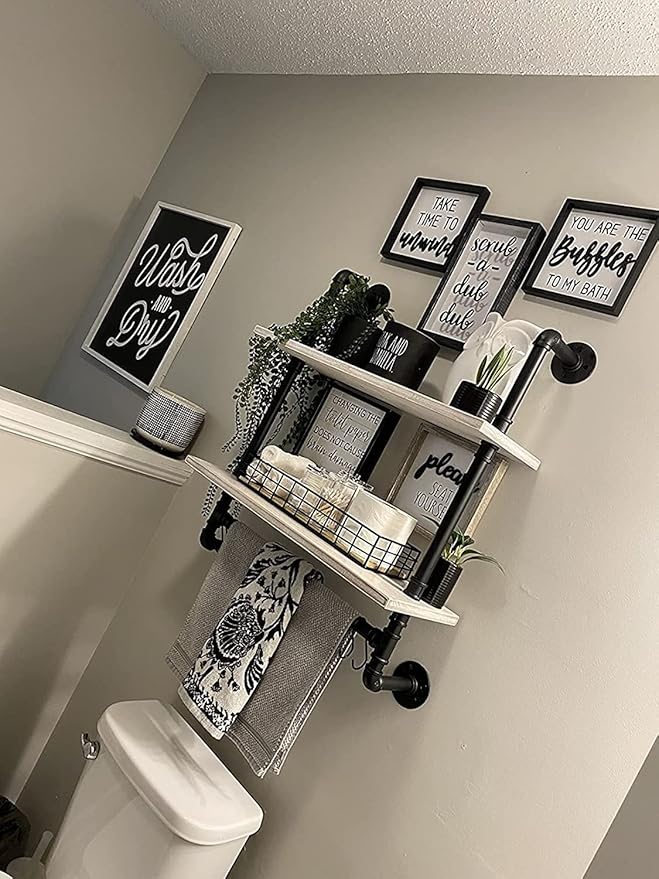 ROGMARS White Floating Shelves for Wall Bathroom 24 Inch,Industrial Pipe Shelving Wall Mounted Shelves with Towel Bar Hooks Coffee Bar Shelves Wine Hanging Display Rack Bookshelf Living Room Decor