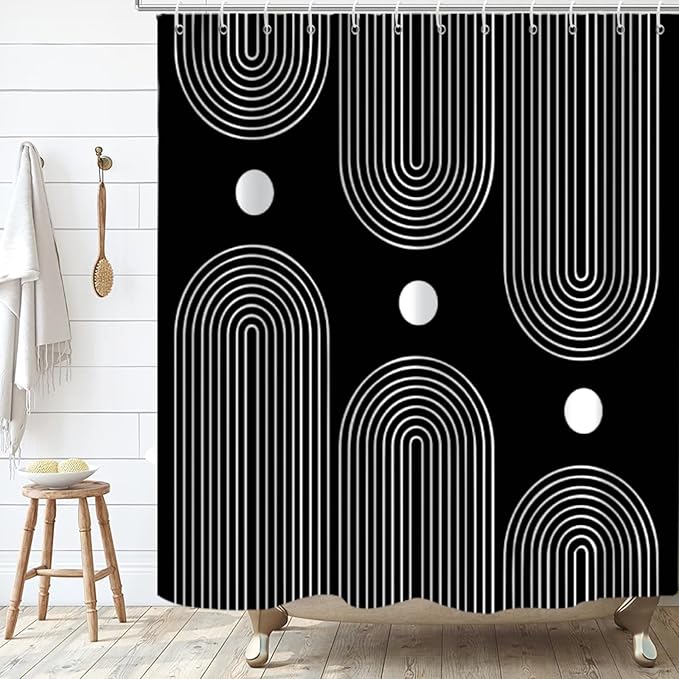 Black and White Shower Curtain, Boho Minimalist Mid Century Modern Arch Geometric Machine Washable Waterproof Fabric for Bathroom Bathtub Decor with Hooks 72x72