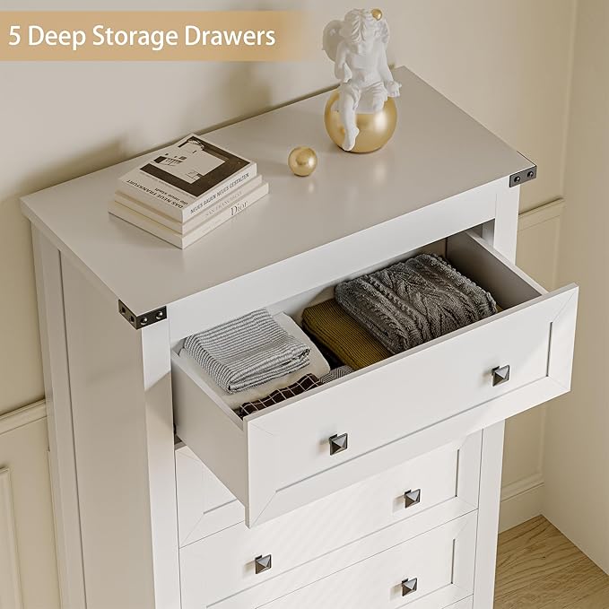 White Dresser Tall 5 Drawer Dresser for Bedroom, Wood Chest of Drawers with Metal Handles, Modern Storage Cabinet and Organizer Drawers for Living Room, Hallway