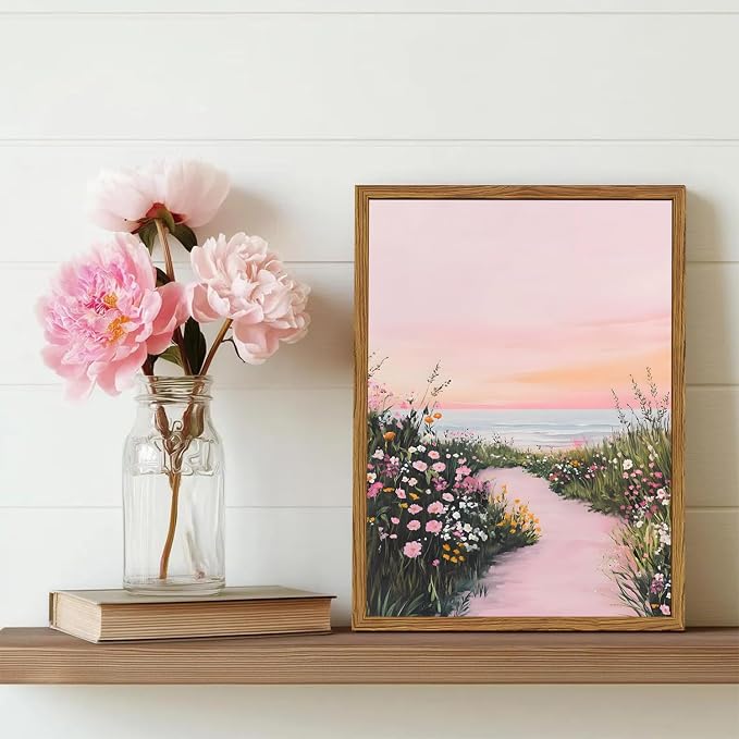Framed Vintage Landscape Wall Art, Pink Floral Coastal Pictures Wall Decor, Rustic Wildflower Nature Paintings Canvas Prints Home Decor Aesthetic for Living Room Bedroom Bathroom 12x16 inch