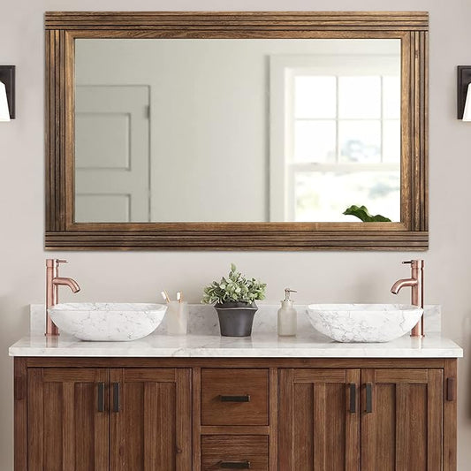 YOSHOOT Hand-Made Wooden Spliced Wall Mirror for Bathroom, Rustic Farmhouse Vanity Mirror, Décor Wall Art, Solid Wood Frame, Vertical or Horizontal Hanging, 53" x 28", Brown