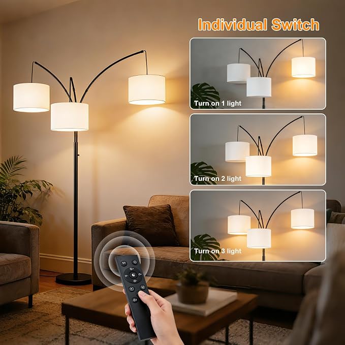80 Inch Arc Floor Lamp for Bedroom, 3-Light Dimmable Standing Lamp for Living Room, 2400LM Super Bright Tree Lamp with Remote Control, Tall Floor Lamp for Office with Adjustable Arms & Weighted Base