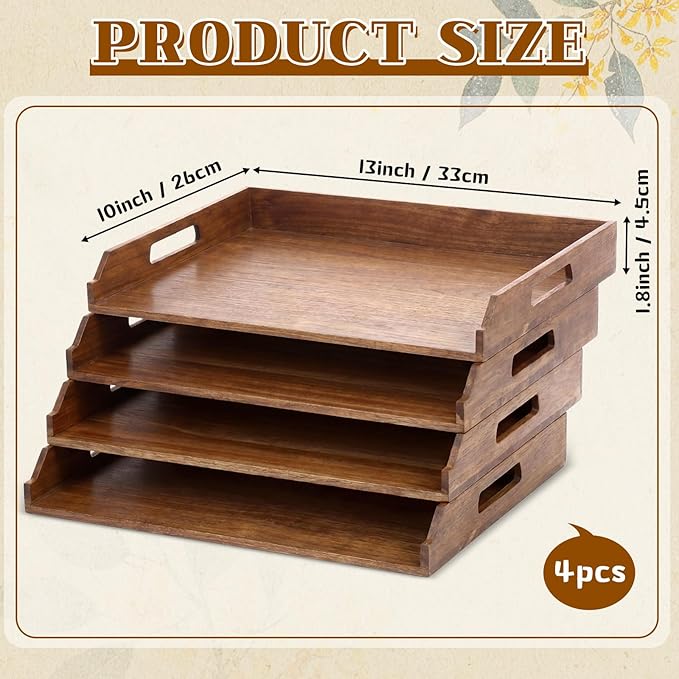 AceOrbit 4 Pcs Stackable Paper Tray Acacia Wood Desk Organizer Letter Tray 4 Tier Wooden File Organizer Desk Shelf for Documents, Letter Sorter, Envelopes and Magazine Holder