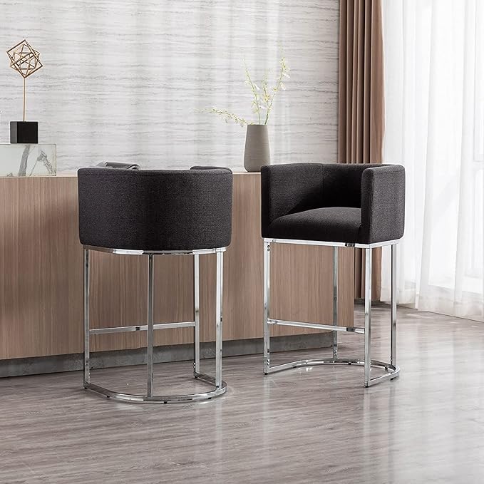 Contemporary Charcoal Linen Bar Stools Set of 3, 29" Upholstered Fabric Counter Height Barstools Kitchen Counter Island Stools with Chrome Metal Base