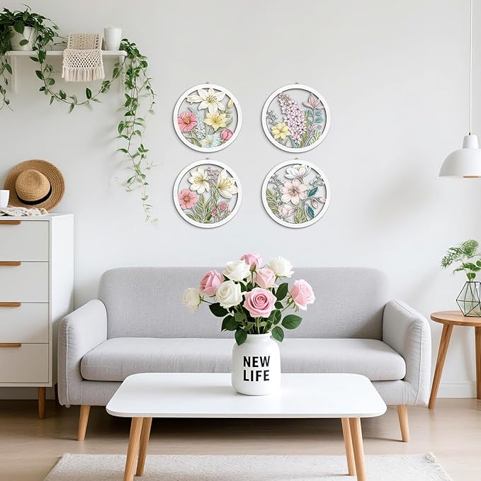 HPNIUB Boho Flower Wall Decor, Abstract Floral Market Wooden Wall Hanging Sign, 4 Pieces 10''x10'' Colorful Plant Wall Art, Minimalist Wildflower Botanical Wood Plaue for Girls Bedroom Living Room