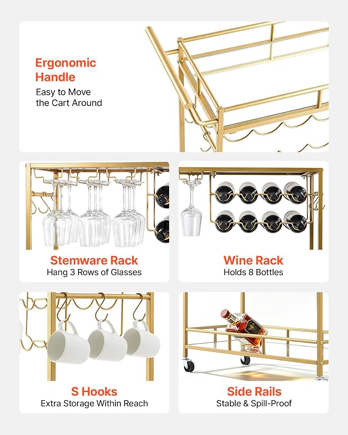 VEVOR Bar Cart, 2 Tiers Home Kitchen Serving Carts, Modern Rolling Utility Station on Wheels, Drink Beverage Trolley with Mirrored Glass Shelves, Wine Rack, Glass Holder, for Living Dining Room, Gold