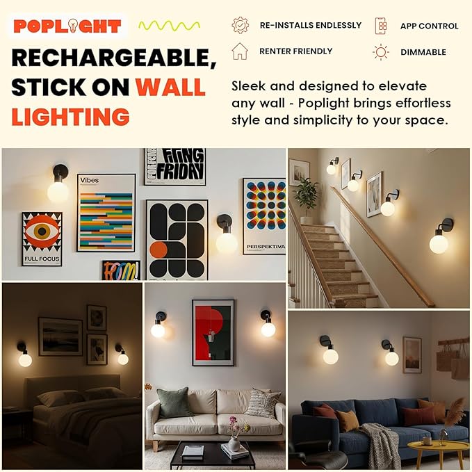 Wireless Wall Sconce (Shark Tank) Rechargeable & Dimmable LED Light w/App Control & Damage-Free Install, Moveable Modern Ambient Lighting for Elegant Home & Bedroom Decor | Matte Black