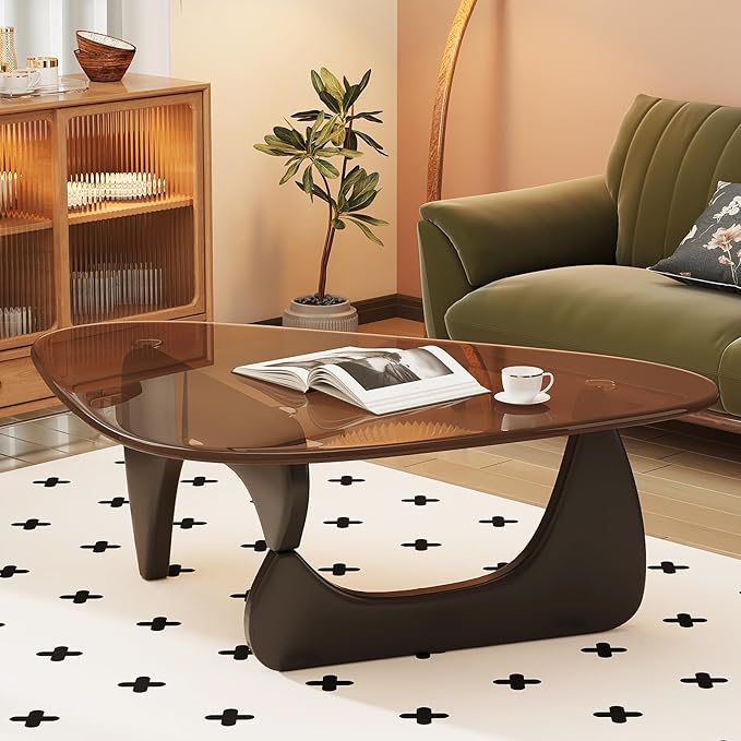 Coffee Table for Living Room Mid Century Modern Center Table with Glass Top and Wood, Black Brown
