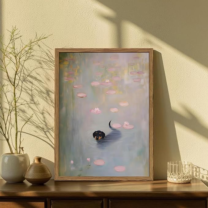 Funny Black Dog Wall Art Cute Dachshund in Water Wall Decor Picture Vintage Animal Swimming with Monet Waterlily Canvas Painting Print for Bedroom Living Room 16x24 inch Wood Framed