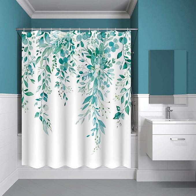 Long Teal Eucalyptus Shower Curtain Watercolor Floral Plant Leaf Shower Curtains for Bathroom Botanical Flower Waterproof Fabric Bath Curtain Decor with Hooks (Teal, 72'' x 78'')