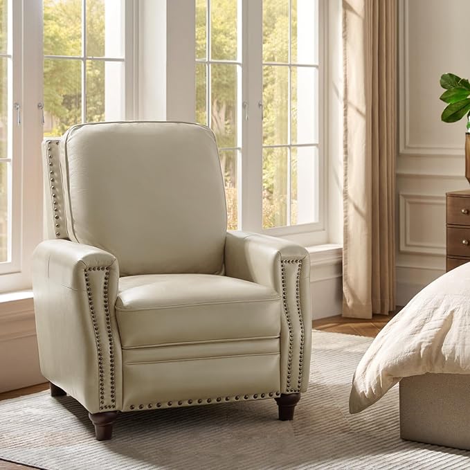 HULALA HOME Genuine Leather Recliner Chair Set of 2, Push Back Recliner Armchair with Thick Seat and Backrest, Comfy Adjustable Home Theater Single Recliner w/Nailhead Decor for Living Room(Beige)