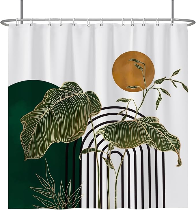 Baocicco Boho Shower Curtain Green Gold Leaves Plants Sun Modern Abstract Geometric Shower Curtains Decorative for Bathroom Waterproof Fabric Shower Curtain with Hooks 72x72 Inches