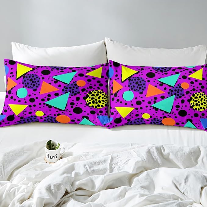 Memphis Geometric Pattern Comforter Cover Set Full Size,Retro 80S Style Duvet Cover Urban Modern Design With Circles and Triangle Shapes Bedding Set Eighties Funky Hipster Old Fashioned Bedroom Decor