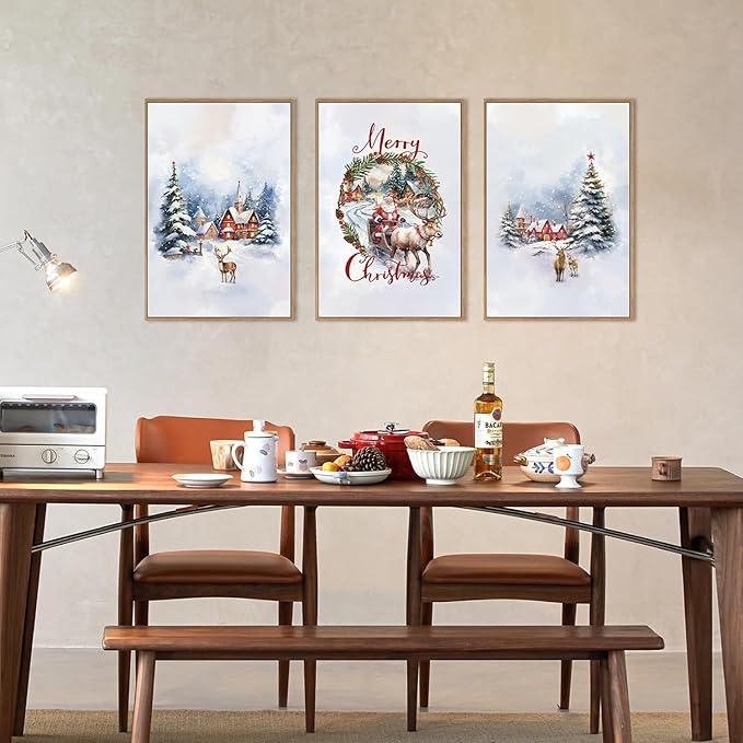 HPINUB Christmas Santa Reindeer Framed Canvas Wall Art Set Sleigh Deer Winter Snow Forest Tree Wall Decor Wonderland Art Print for Living Room,Bedroom,Party-24 x36 x3