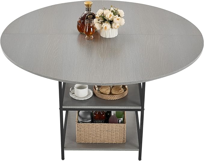 VEVOR Round Dining Table, 47 inch Wood Table for 4-6 Person, Modern Circle Dinner Furniture, Leisure Tables with Storage Shelf and Metal Legs, for Home Kitchen Living Room, Grey (Only Table)