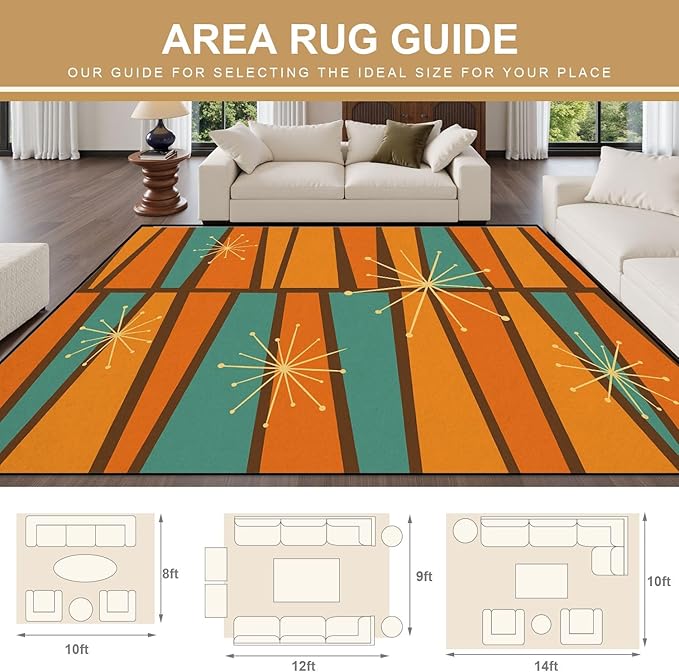 10x14 Area Rugs for Bedroom Boho Washable Rug for Living Room 50s Mid Century Modern Vintage Retro 1950s Mod Fifties Carpet for Dining Room Soft Rubber Backed Non-Slip Carpets for Bedroom Office