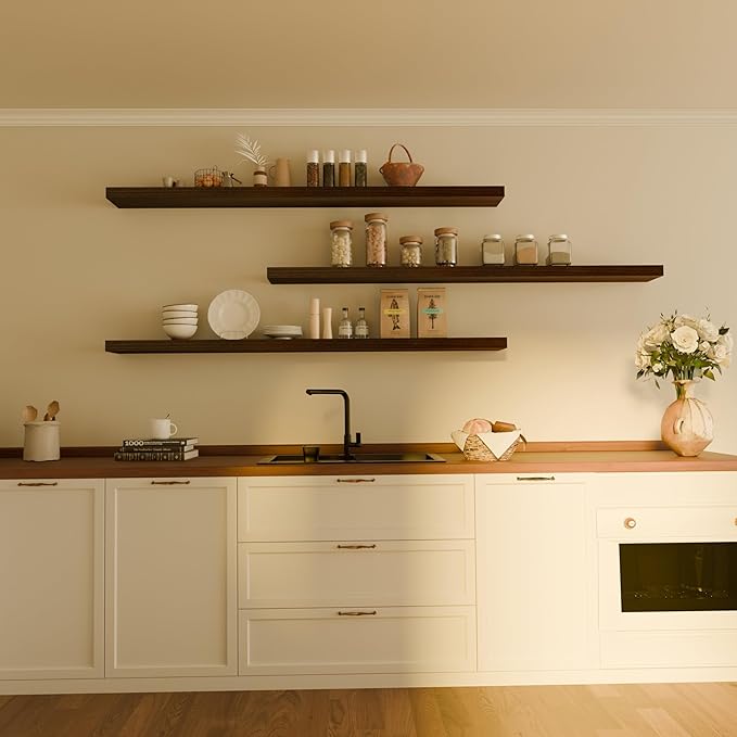 Floating Shelves for Wall, 72 Inch Extra Long Walnut Wall Shelves, Set of 3, Hanging Invisible Brackets Floating Shelves for Living Room,Bedroom,and Kitchen