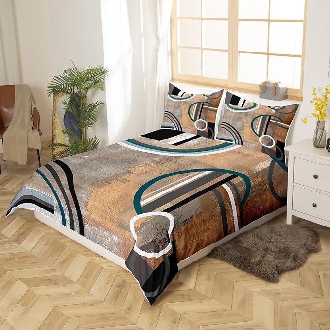 Erosebridal Oil Painting Bedding Sets for Kids Teens,Cream Brown Gray Duvet Cover Full Size,Swirls Duvet Cover Set,Modern Chic Abstract Artwork Bed Set 3Pcs with 2 Pillow Cases Zipper