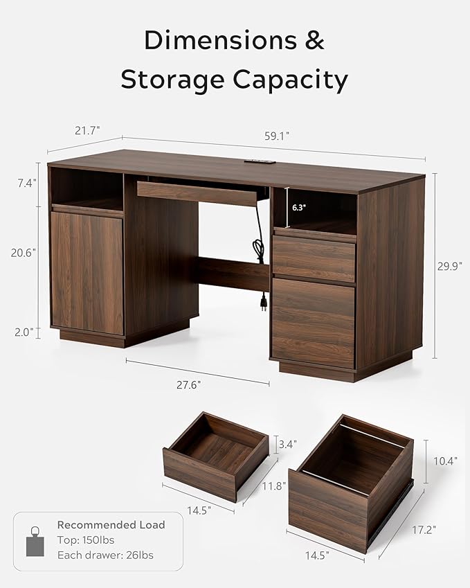 EYYTHUNG 59" Office Desk, Farmhouse Wide Home Executive Desk with File Drawer & Open Storage & Power Outlet, Wooden Computer Desk for Study Writing, Brown