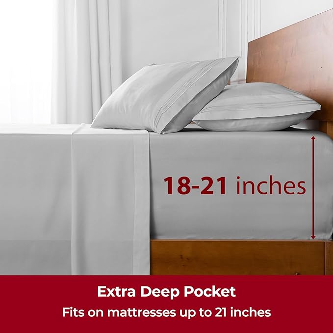 Mellanni Extra Deep California King Sheets - 4 PC Iconic Collection Bedding - Hotel Luxury, Ultra Soft, Cooling Bed Sheets - Wrinkle, Fade, Stain Resistant (Cal King, Light Gray)