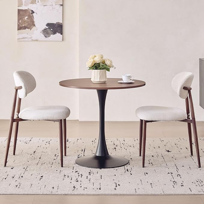 23.6" Round Dining Table for 2-4 Modern Circle Tulip Table with Metal Black Tulip Pedestal Base for Kitchen Dining Living Room Apartment Small Space Cafe, Brown